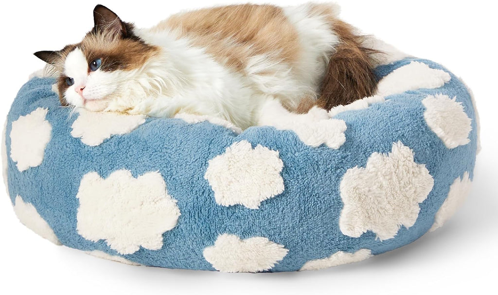 Cat lying on a blue and white cloud-patterned pet bed
