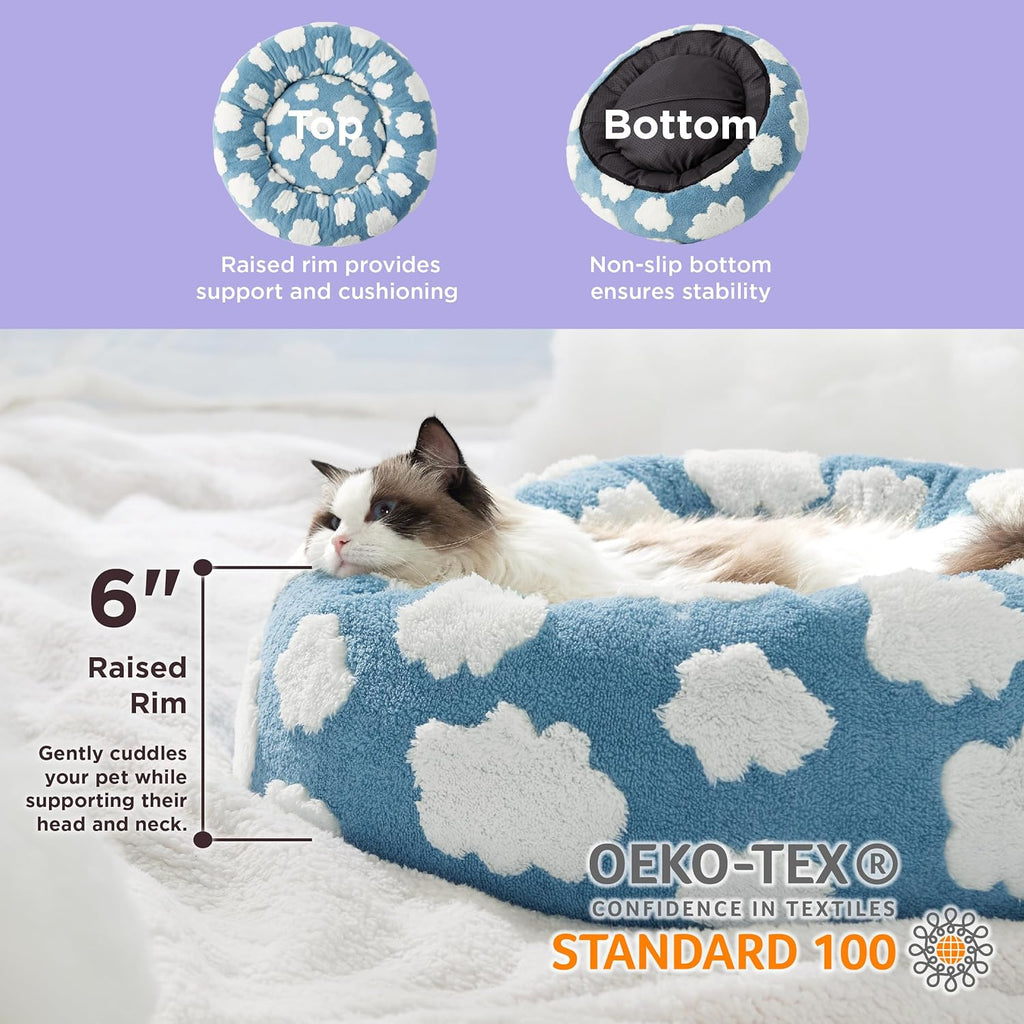 Cat lying on a blue and white cloud-patterned pet bed with text highlighting features.